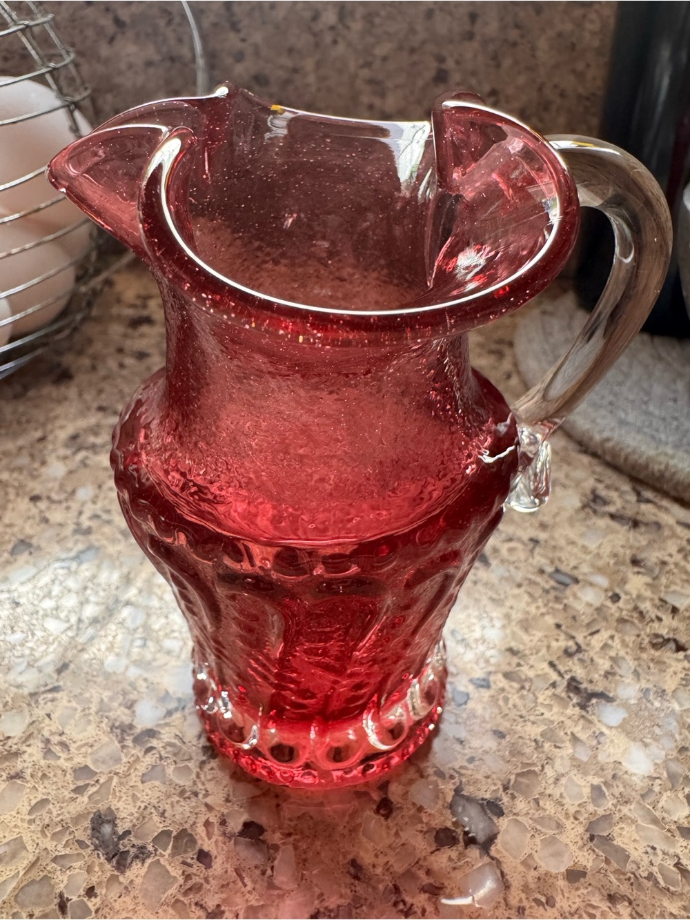 Vintage Authentic Cranberry Glass Pitcher with Clear Handle - Home Dining